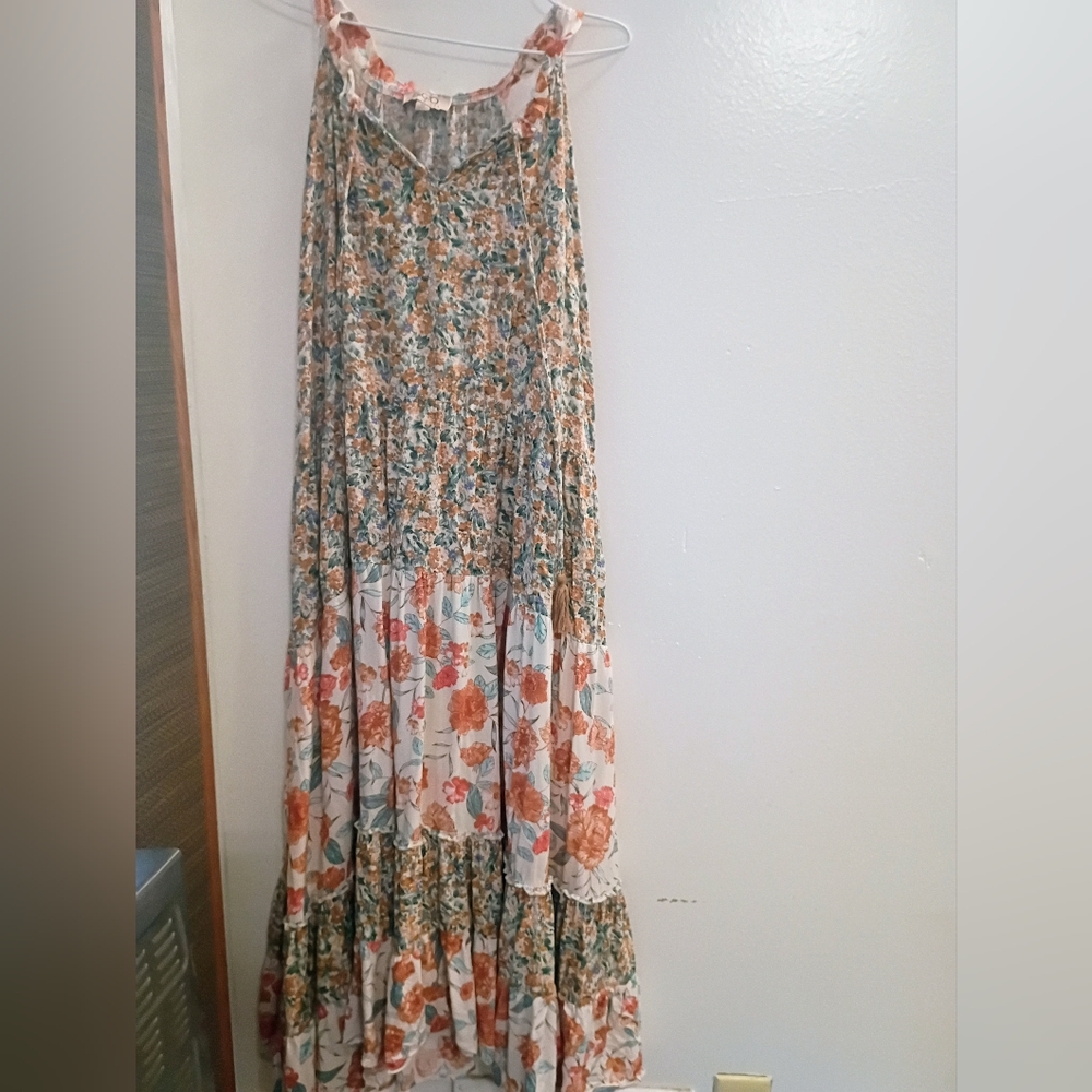 Floral Print Maxi Drees - Orange and Green